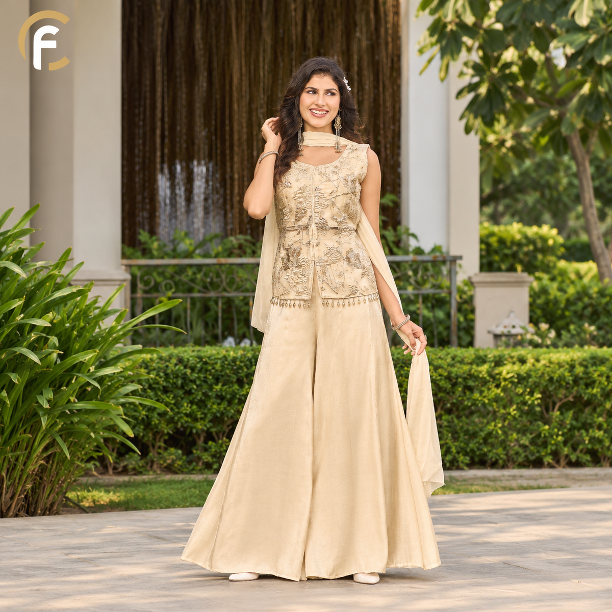 Ivory Crop Top with Palazzo and Dupatta