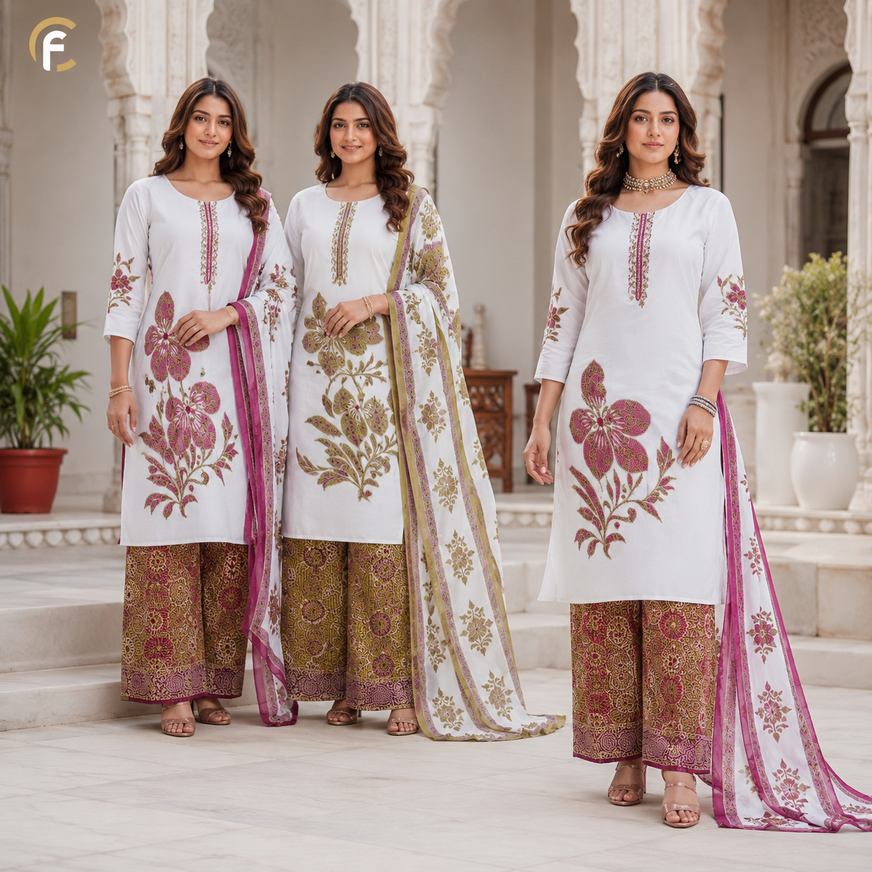 White Pure Mal Cotton Printed Suit with Printed Pants