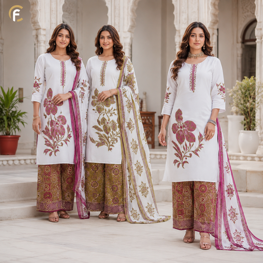 White Pure Mal Cotton Printed Suit with Printed Pants