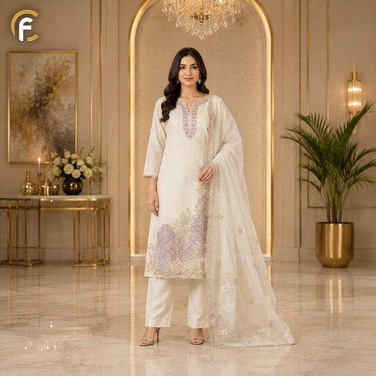 Half White Shade Suit with Lavender Work and Heavy Dupatta