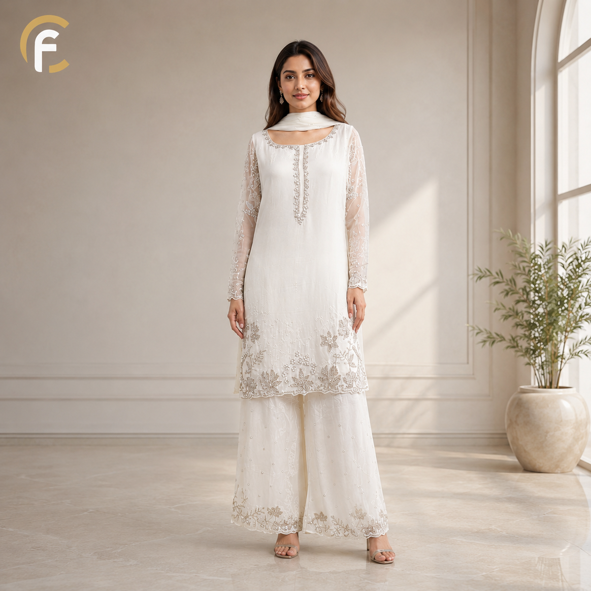 Pure White Kurti with Beautiful Work and Palazzo