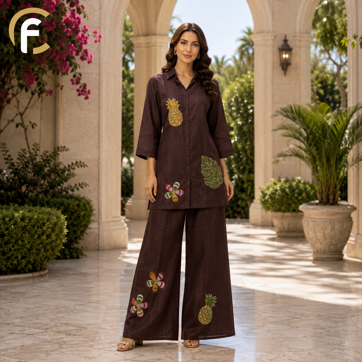 Brown Co-ord Set with Fruit & Floral Print