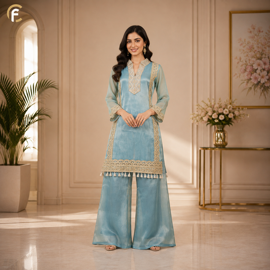Firozi Palazzo Co-ord Set with Golden Work