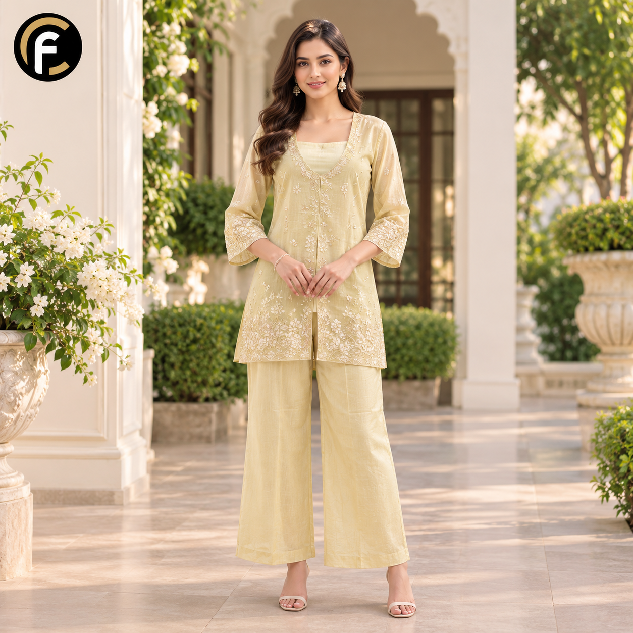 Ivory Deep Neck Handwork Kurti with Inner Top & Palazzo
