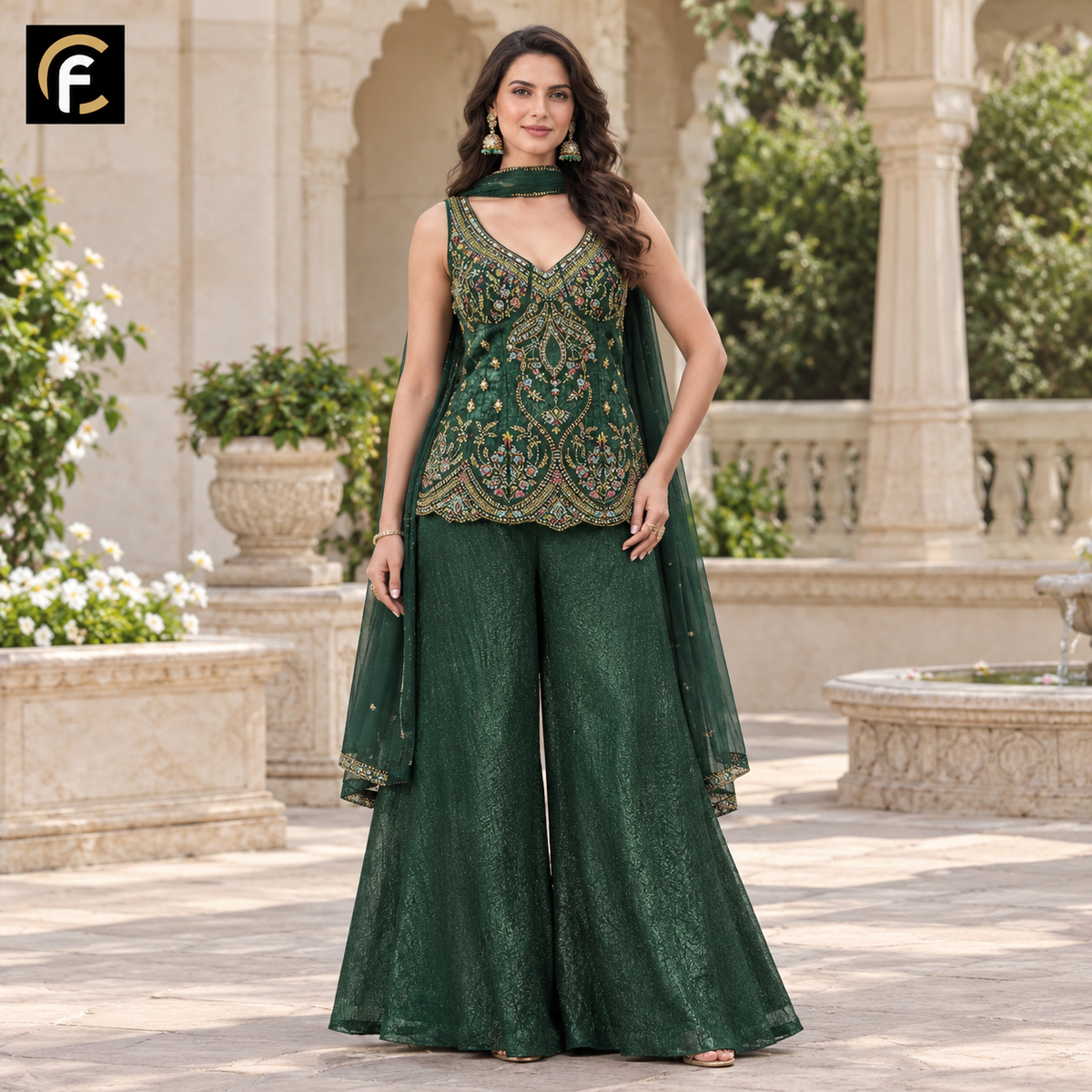 Bottle Green Peplum Top with Palazzo and Dupatta