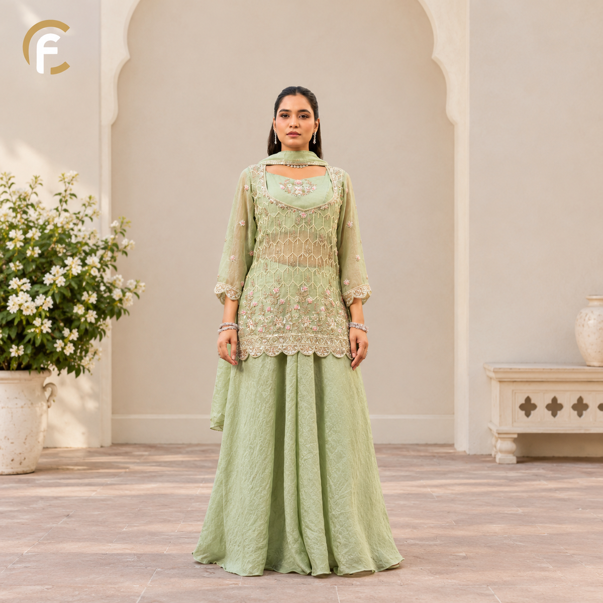 Pista Green Deep Neck Kurti with Inner, Palazzo and Dupatta