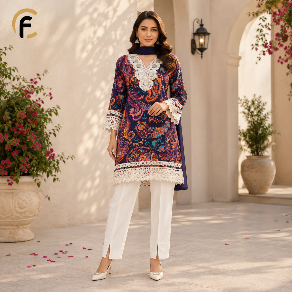 Beautiful V Neck Short Kurti with Farsi Salwar