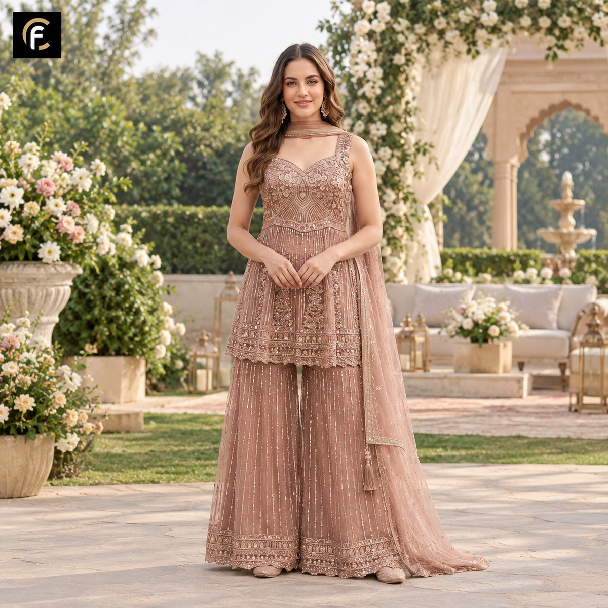 Coffee Brown Peplum with Hand Work Palazzo and Dupatta