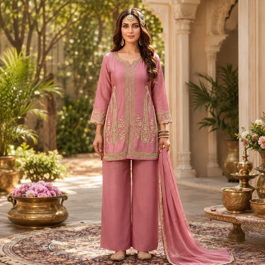 Pink Short Kurti Palazzo Set (Chinon Fabric) with Dupatta