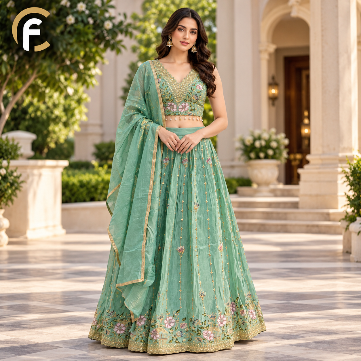 Pista Green Lehenga with Beautiful Crop Top and Border Dupatta