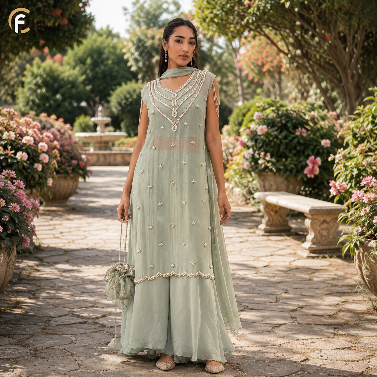 Pista Green Transparent Long Kurti with Inner & Palazzo