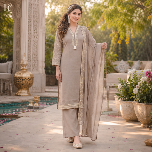 Coffee Color Kurti Pant Set with Sleeve Work & Heavy Dupatta
