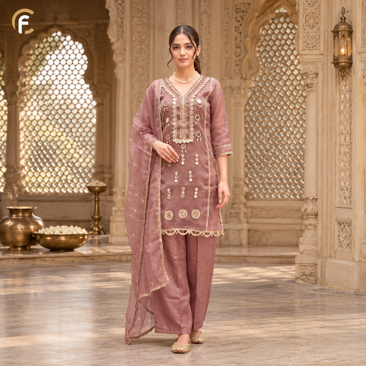 Light Coffee Short Kurti with Palazzo and Dupatta