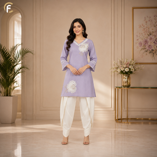 Purple V-Neck Co-ord Set with White Dhoti Pattern