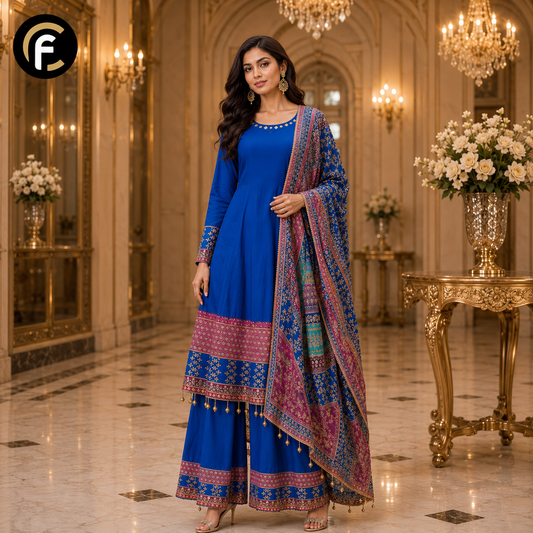 Blue Anarkali Suit with Palazzo and Heavy Dupatta