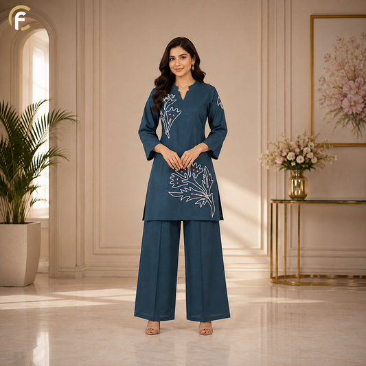 Teal Blue Farsi Salwar Co-ord Set with Border