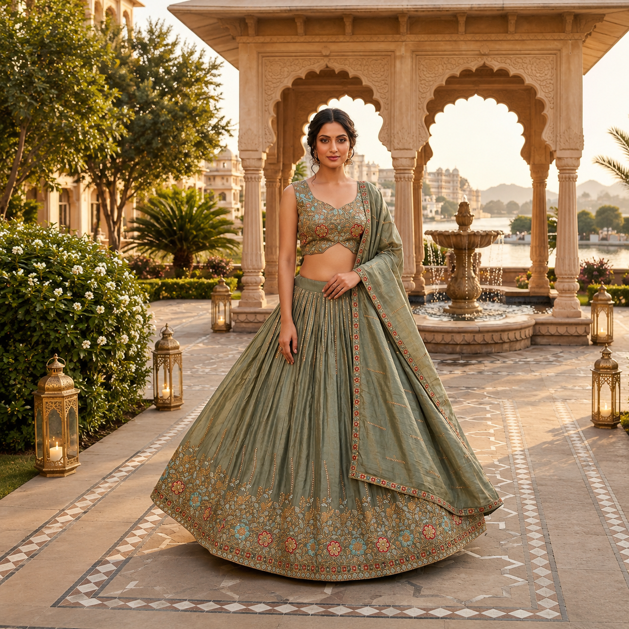 Pista Green Lehenga with Crop Top and Dupatta