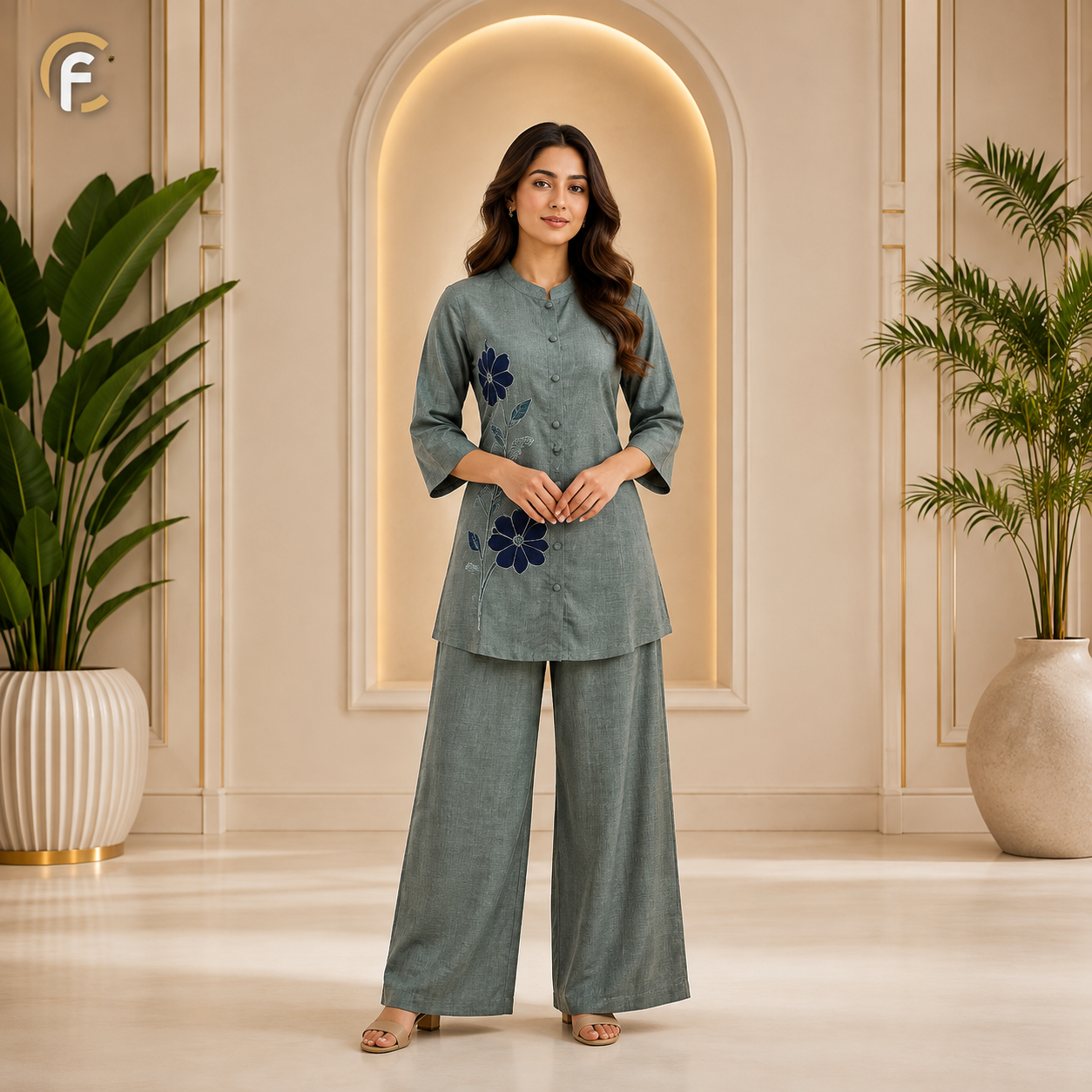 Grey Co-ord Set with Blue Flower Work