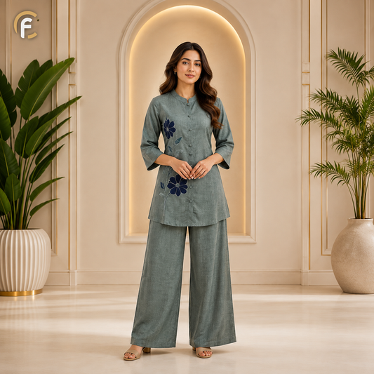 Grey Co-ord Set with Blue Flower Work