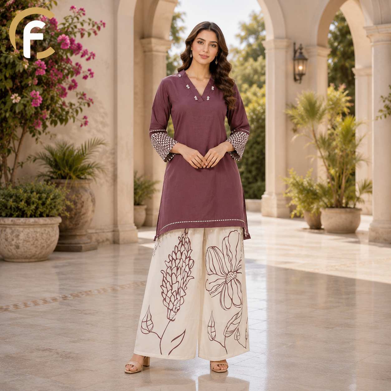 White Co-ord Set with C-Cut V-Neck & Printed Palazzo