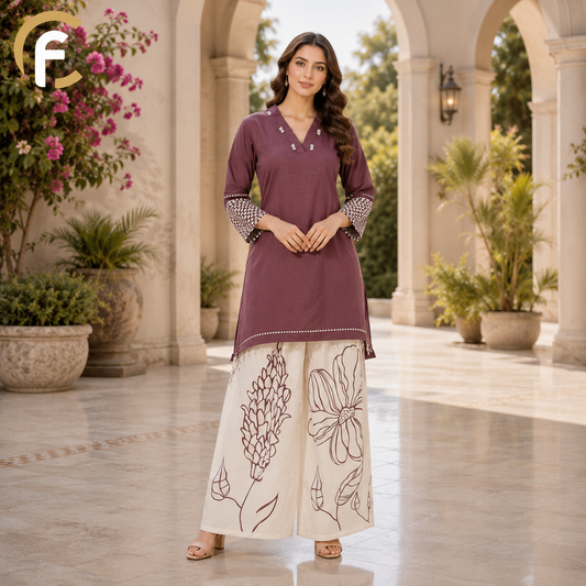 White Co-ord Set with C-Cut V-Neck & Printed Palazzo