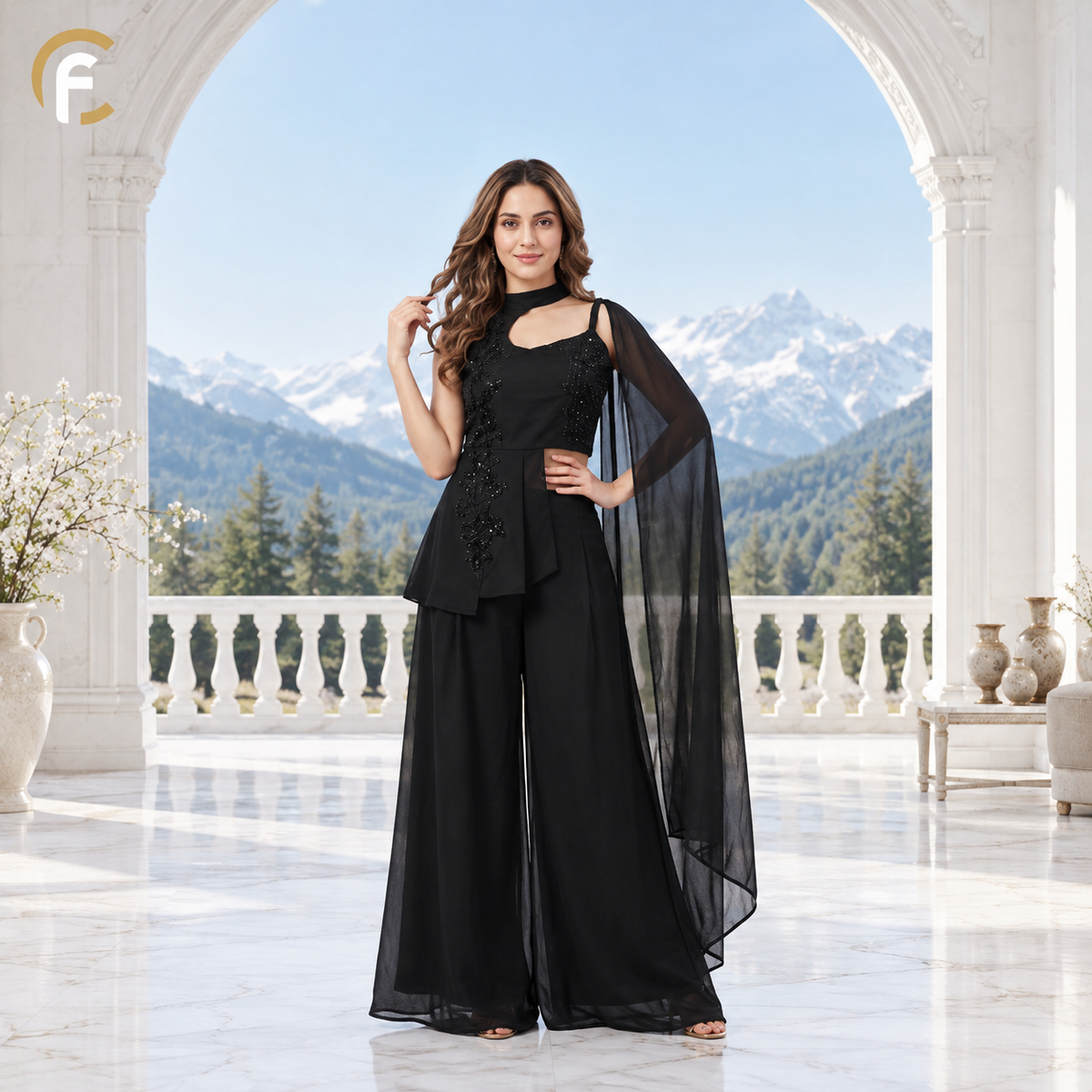 Black Up and Down Top with Plain Palazzo and Dupatta