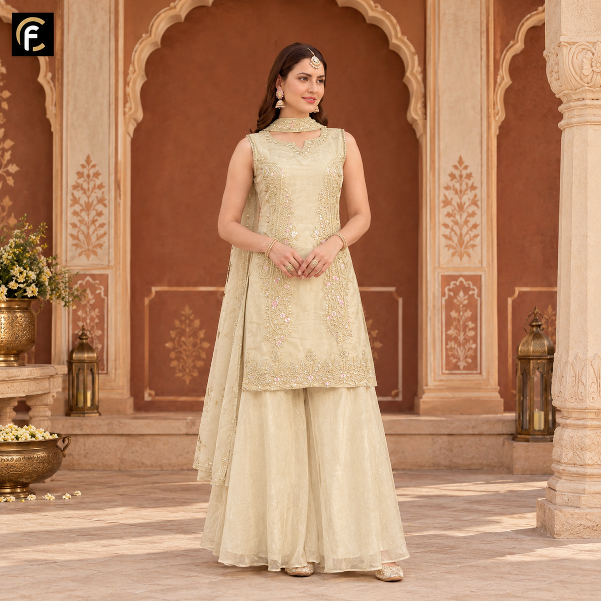 Designer Ivory Kurti with Plain Palazzo and Dupatta