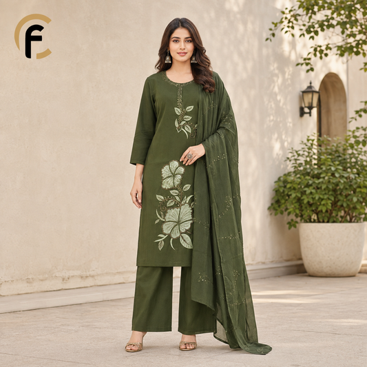 Green Suit with Beautiful Embroidery and Heavy Dupatta