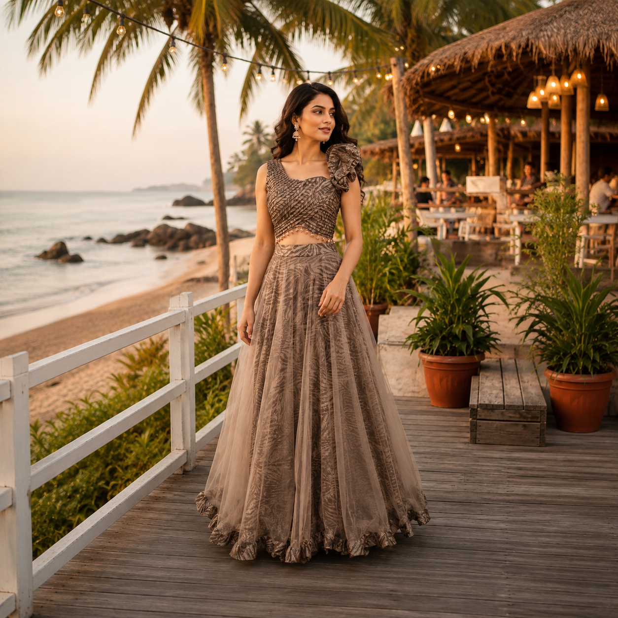 Lite Coffee Brown Color Skirt Top with Plain Net Dupatta