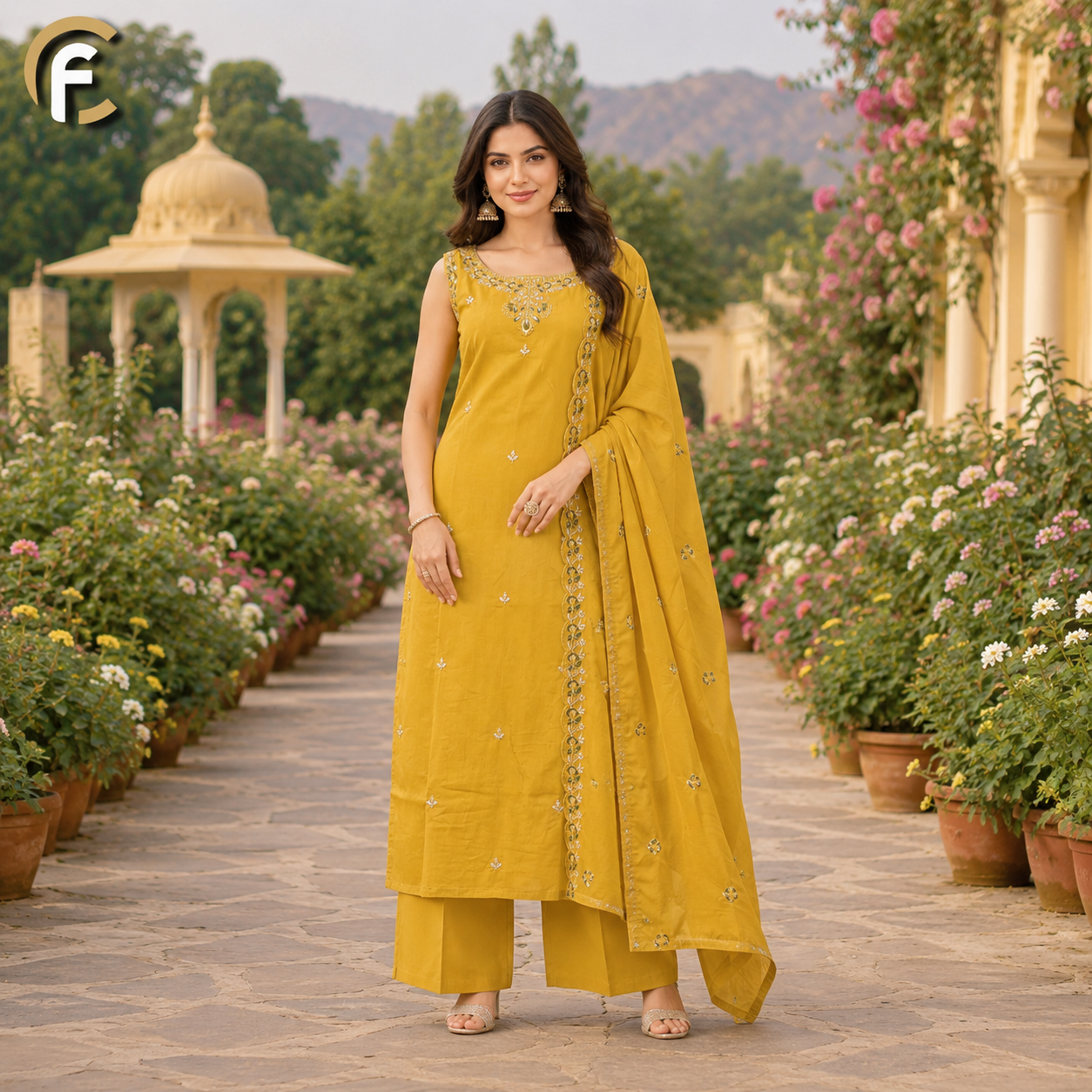 Mustard Yellow Spaghetti Kurti Palazzo Set with Dupatta