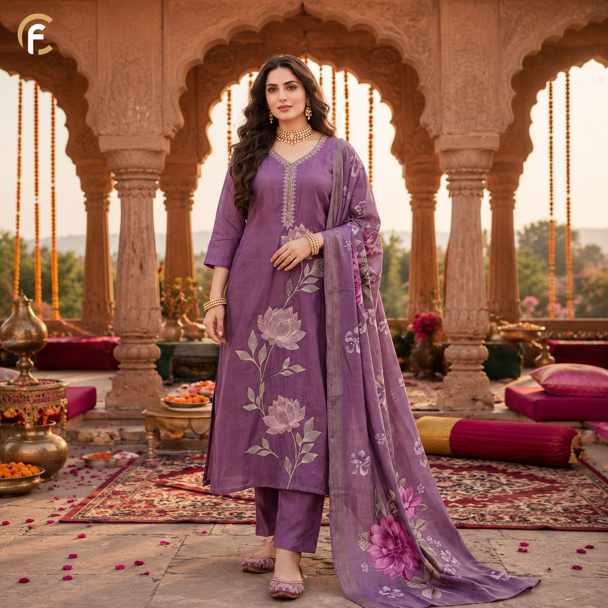 Purple Work Suit with Printed Dupatta