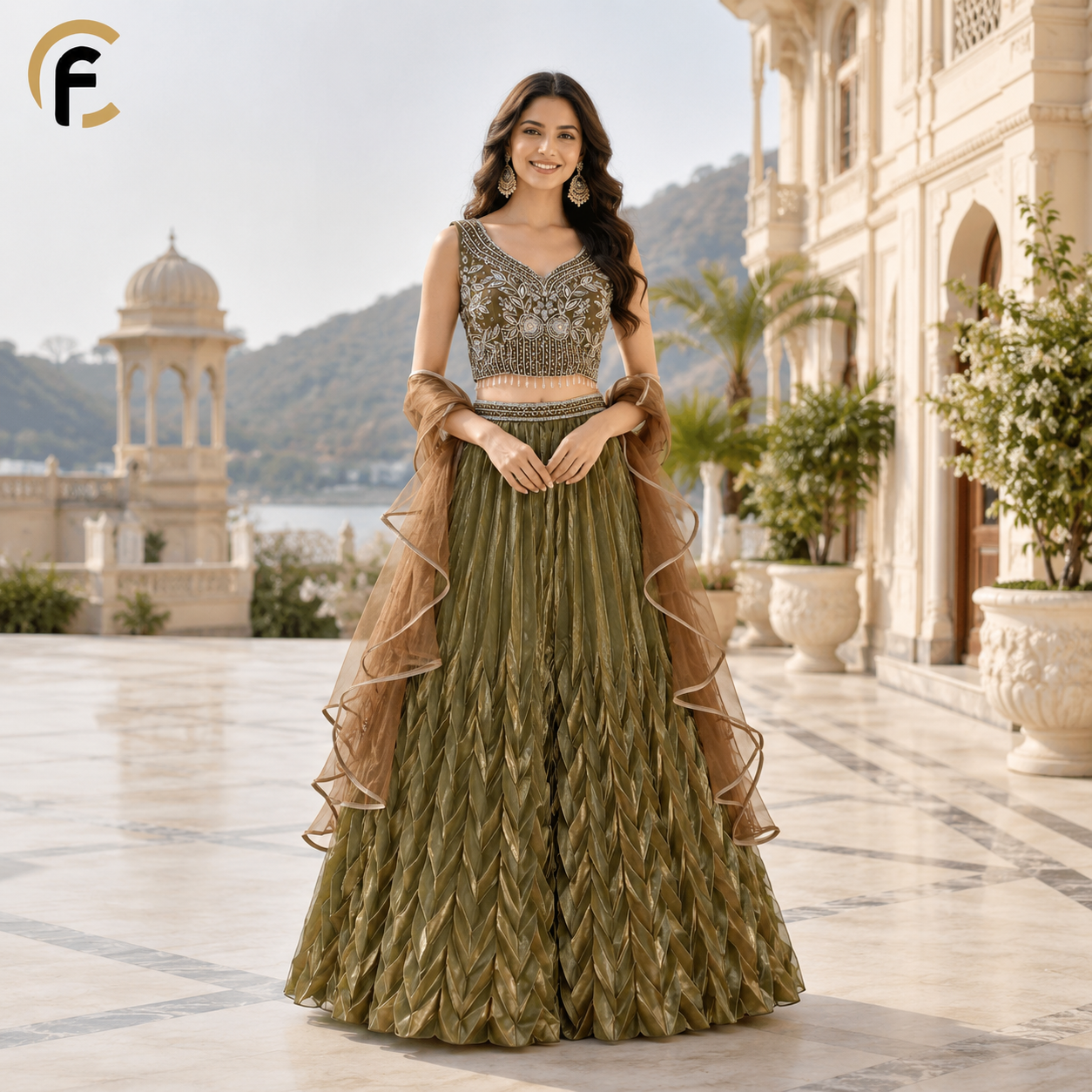 Green Color Jimichu Fabric Skirt with Handwork Top with Net Dupatta