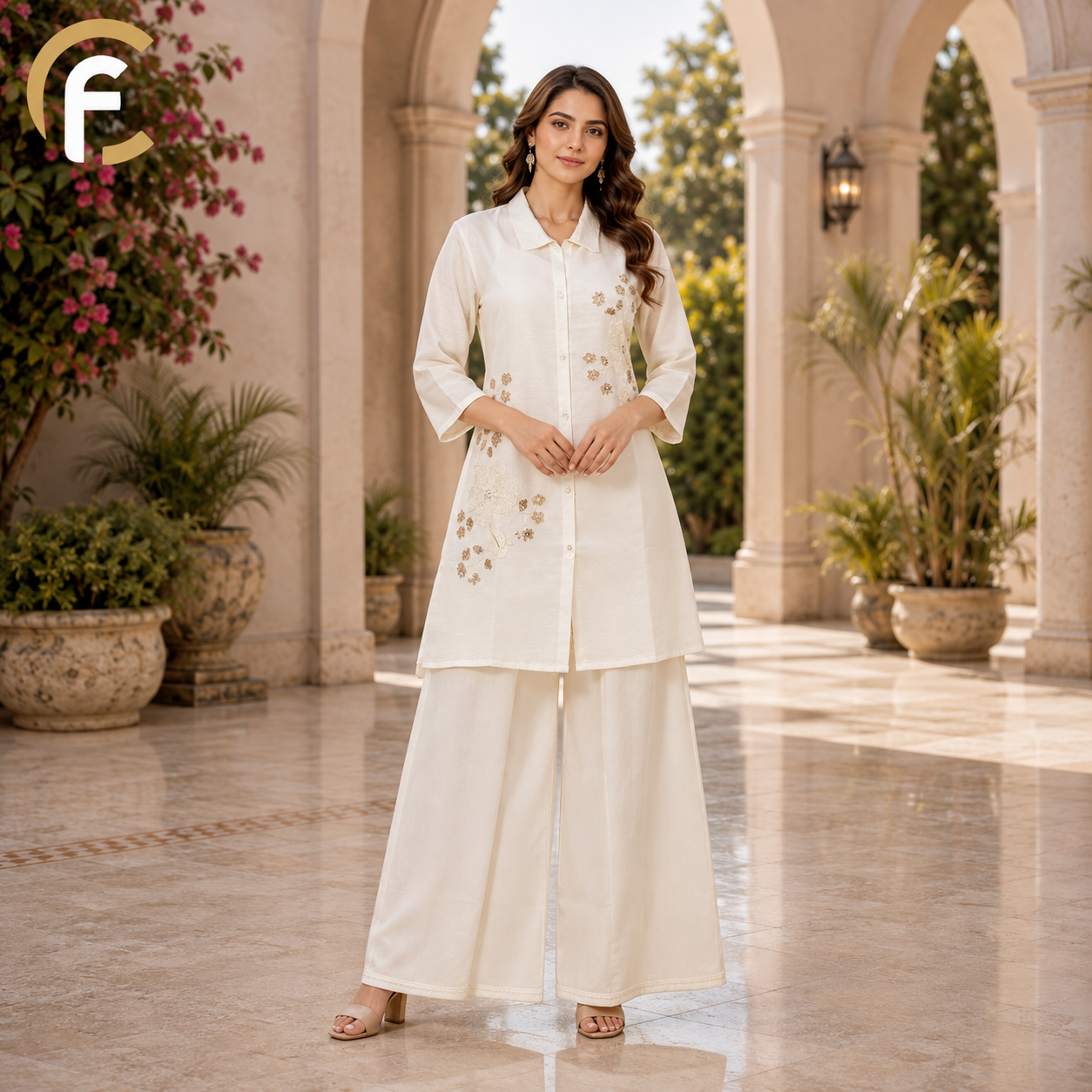White Shirt Pattern Co-ord Set with Palazzo