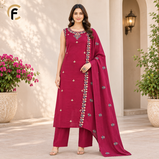 Hot Pink Shade Sleeveless Kurti with Plain Pant and Heavy Dupatta