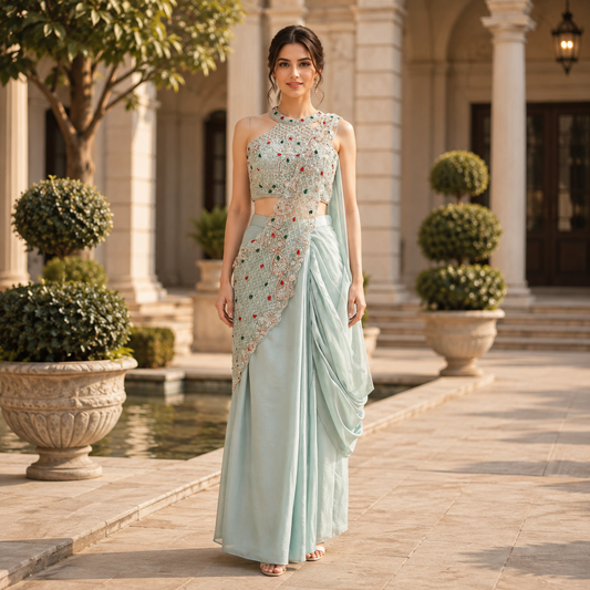 Sky Blue Saree with Heavy Pallu & Embroidery Work
