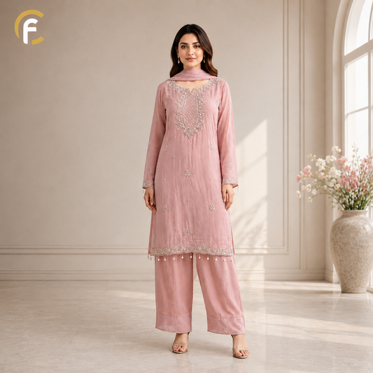 Beautiful Pink Shade Palazzo Kurti Set with Handwork Full Sleeves