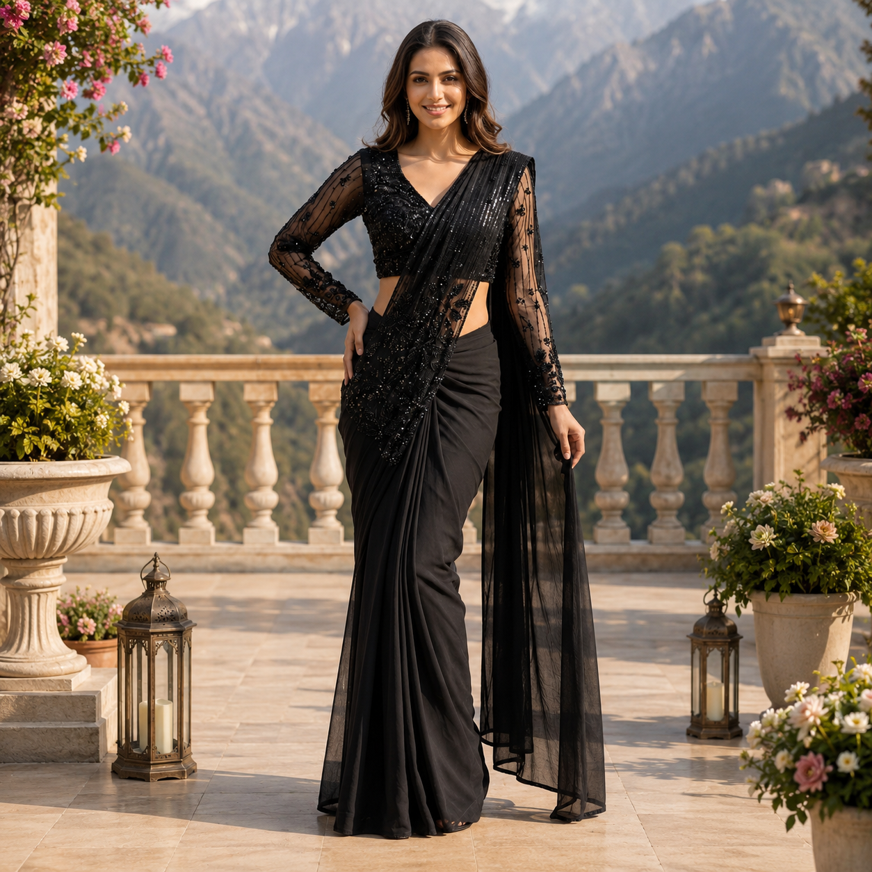 Black Heavy Pallu Saree with Pearl Work Top