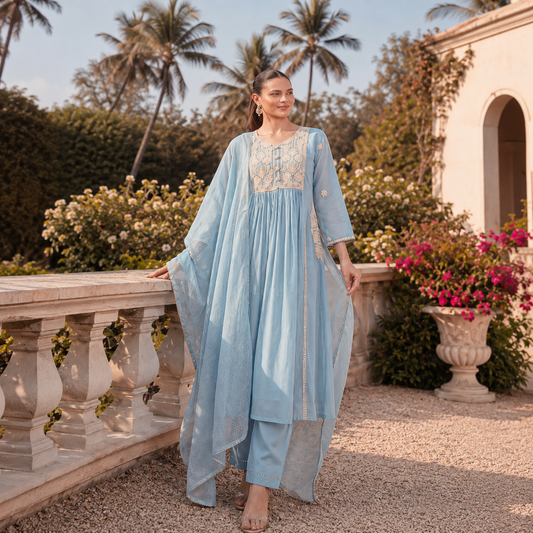 Sky Blue Anarkali with Pocket Dupatta & Pant