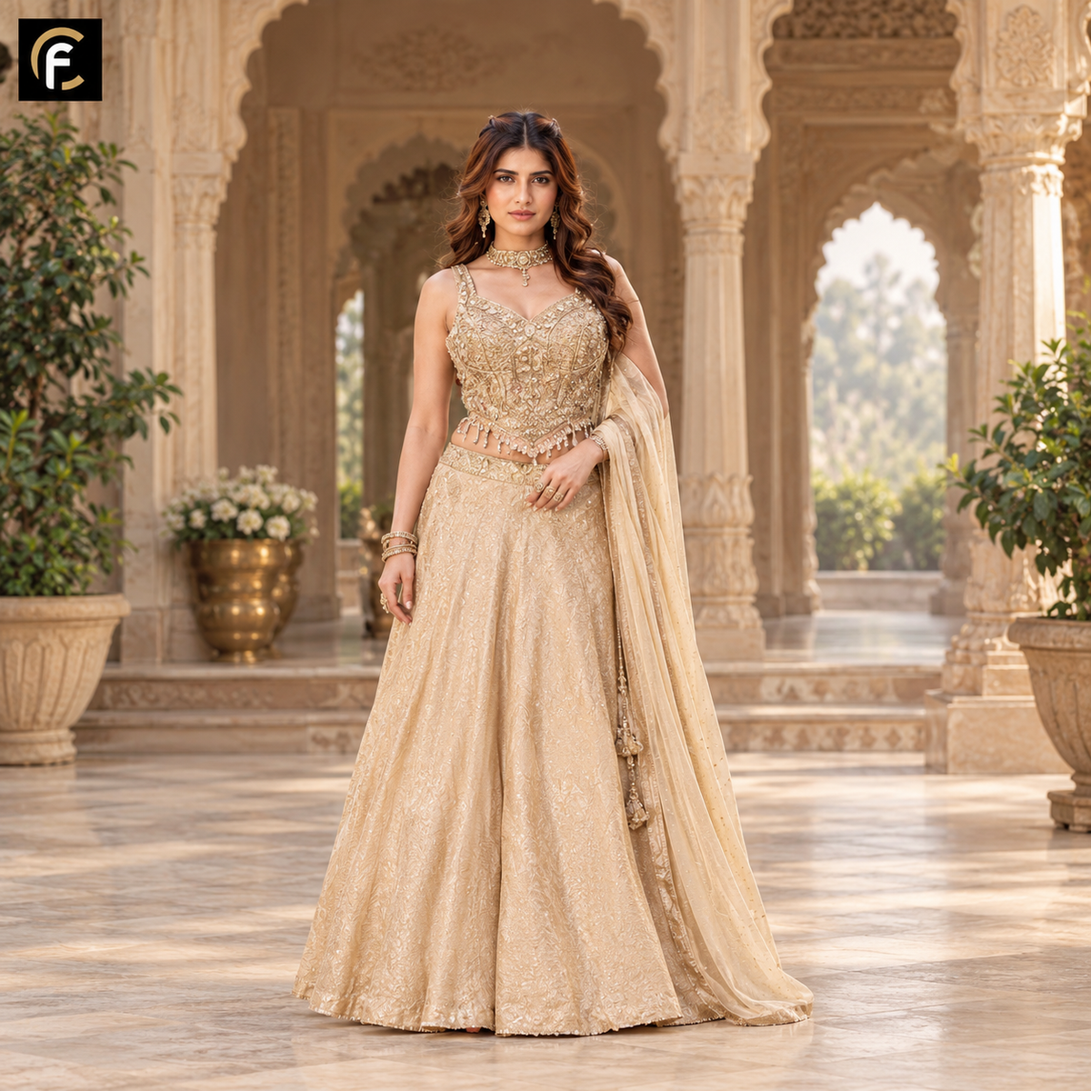 Ivory Crop Top Skirt Set with Hand Work and Dupatta