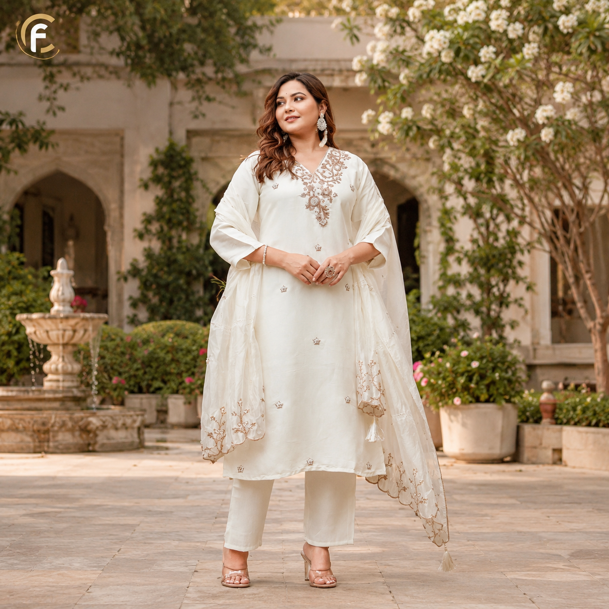 White V-Neck Suit with Beautiful Work on Kurti & Dupatta