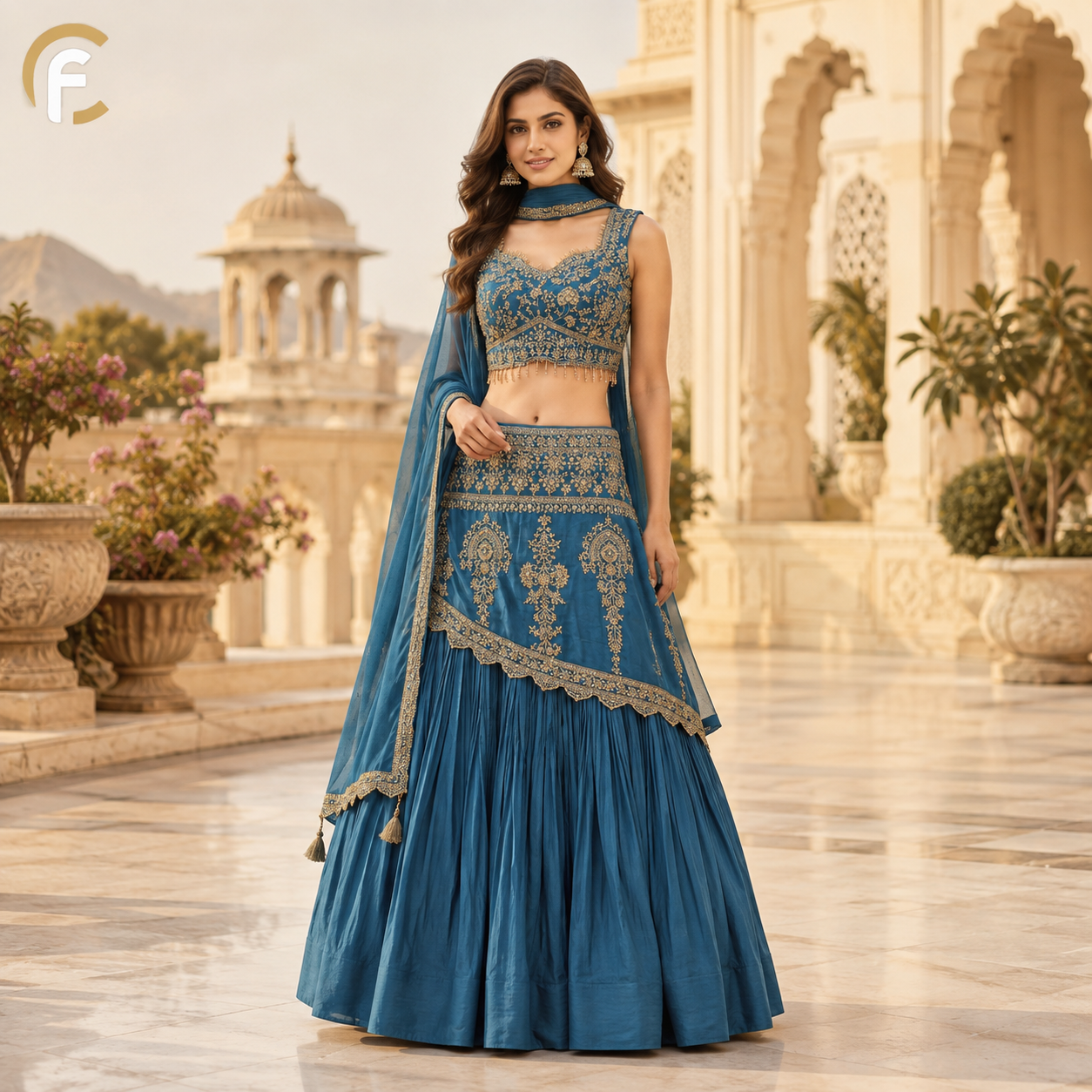 Beautiful Blue Shade Designer Lehenga with Zari Work on Top and Full Length Dupatta