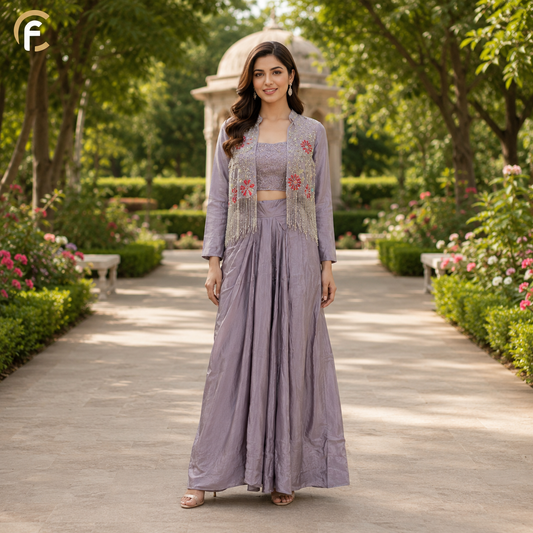 Lavender Cowl Skirt Embroidered Top with Handwork Jacket