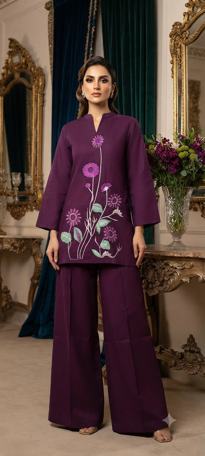 Wine Co-ord Set with Stand Collar & Beautiful Work