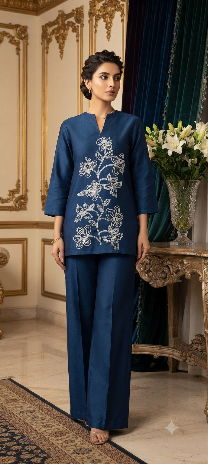 Blue Co-ord Set with Stand Collar & Beautiful Work