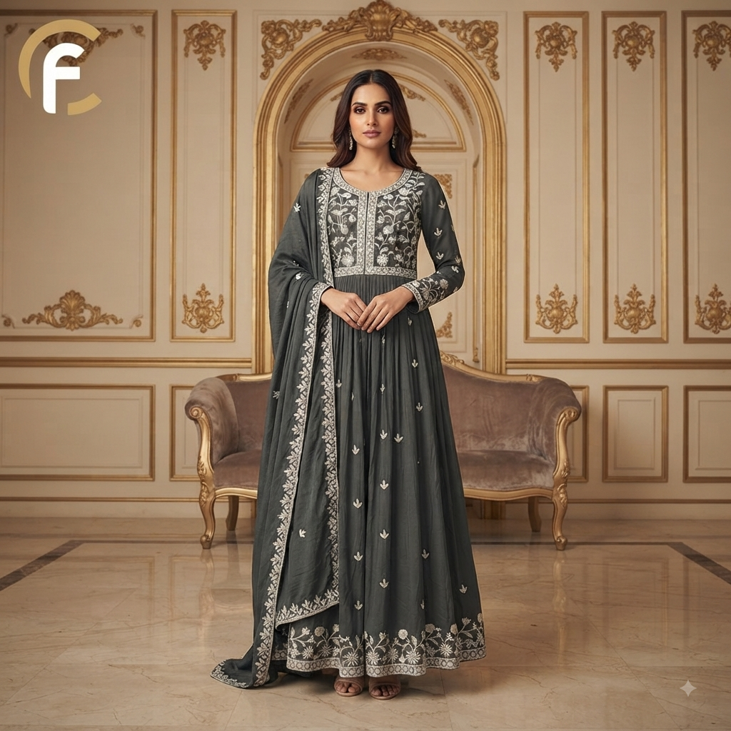 Grey Shade Gown Thread Work Long Length and Gher with Sleeves and Dupatta
