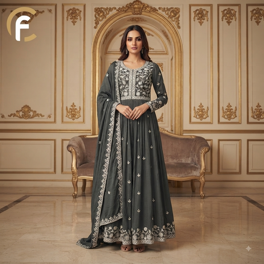 Grey Shade Gown Thread Work Long Length and Gher with Sleeves and Dupatta