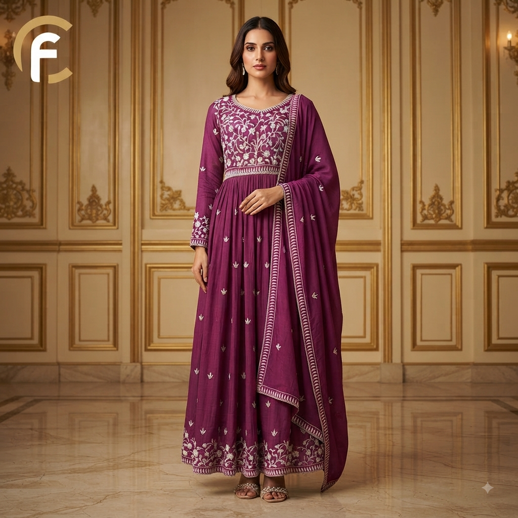 Onion Shade Gown Thread Work Long Length and Gher with Sleeves and Dupatta