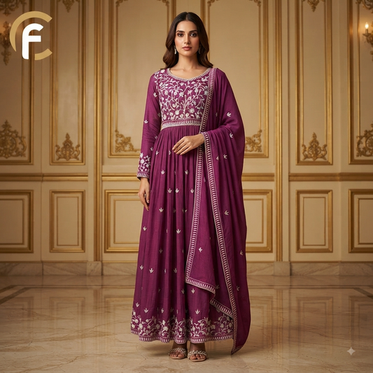 Onion Shade Gown Thread Work Long Length and Gher with Sleeves and Dupatta