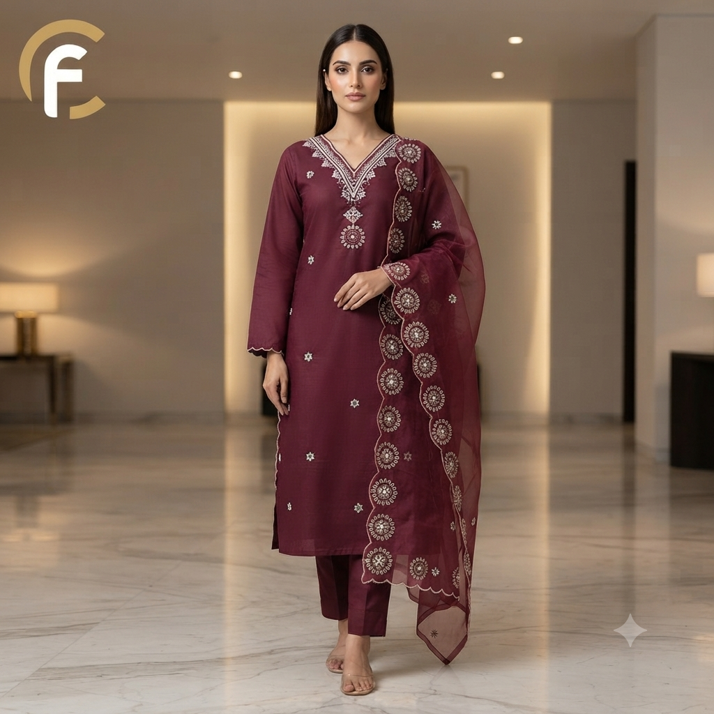 Wine Color V-Neck Suit with Embroidery Work on Dupatta