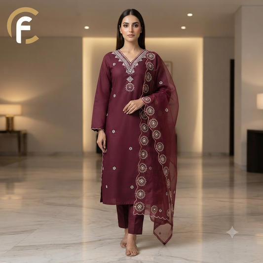 Wine Color V-Neck Suit with Embroidery Work on Dupatta